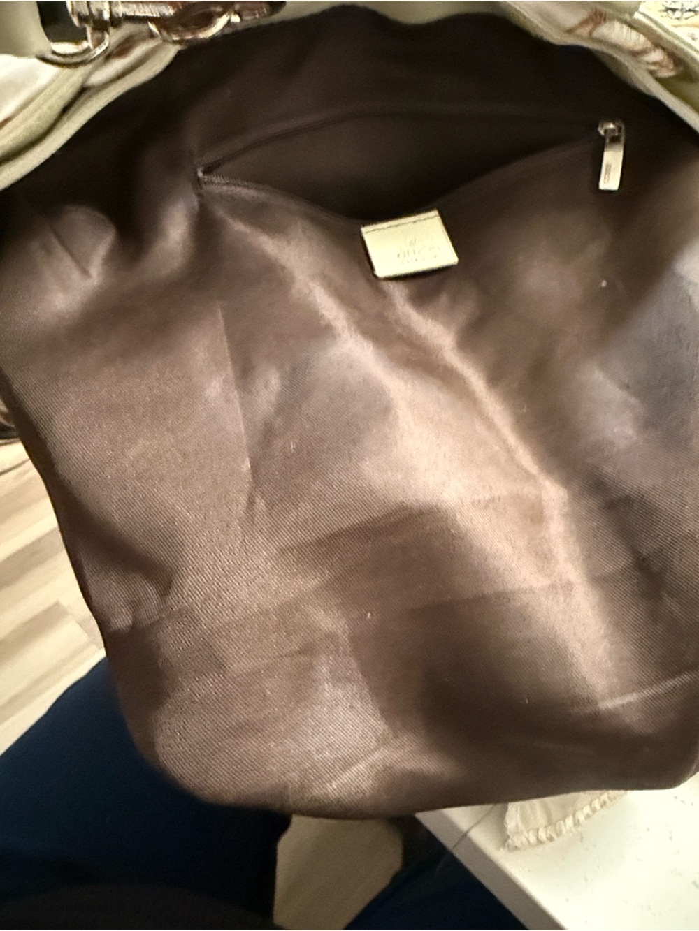 Beige Monogram Canvas Tote with Cream Trim and Scarf Accent - Picture 5 of 9
